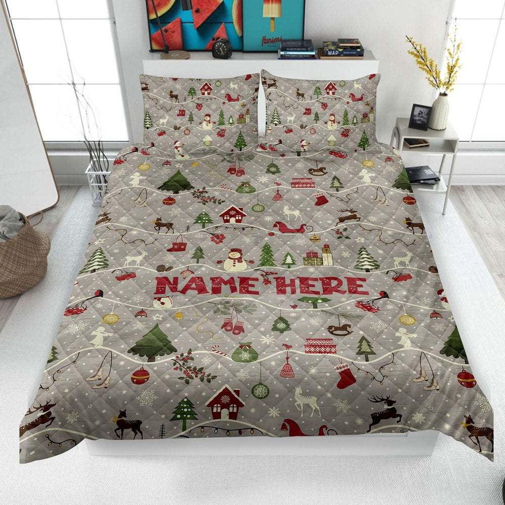 Personalized Christmas Quilt Set, Xmas Holiday Quilt Blanket & Pillowcases