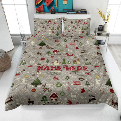 Personalized Christmas Quilt Set, Xmas Holiday Quilt Blanket & Pillowcases