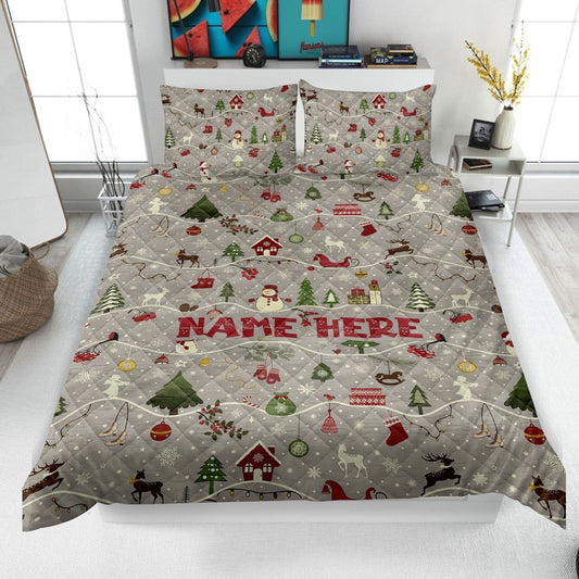 Personalized Christmas Quilt Set, Xmas Holiday Quilt Blanket & Pillowcases