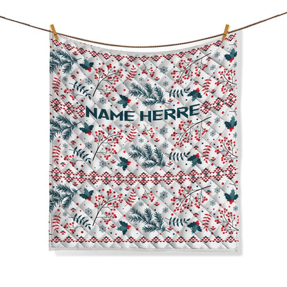 Personalized Christmas Quilt Set, Xmas Holly Berry Quilt Blanket & Pillowcases