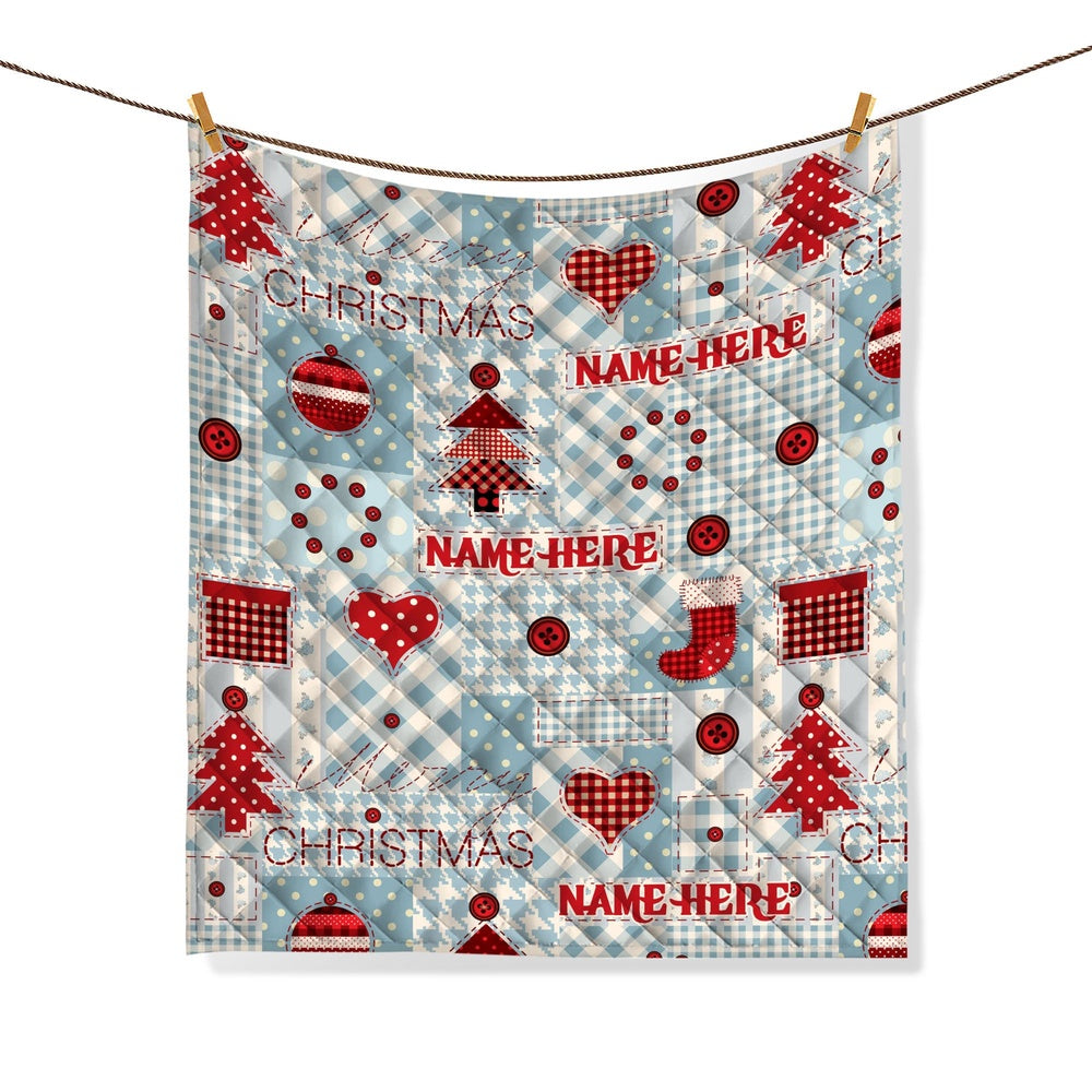 Personalized Christmas Quilt Set, Xmas Pine Tree Holiday Pattern Quilt Blanket & Pillowcases