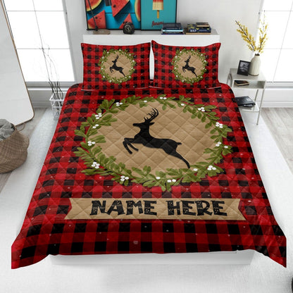 Personalized Christmas Quilt Set, Xmas Red Buffalo Plaid Pattern Quilt Blanket & Pillowcases