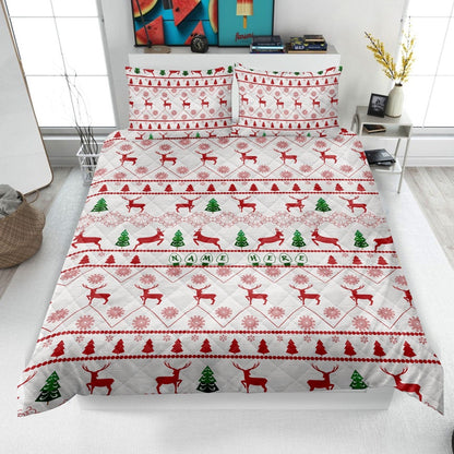 Personalized Christmas Quilt Set, Xmas Reindeer Snowflake Quilt Blanket & Pillowcases