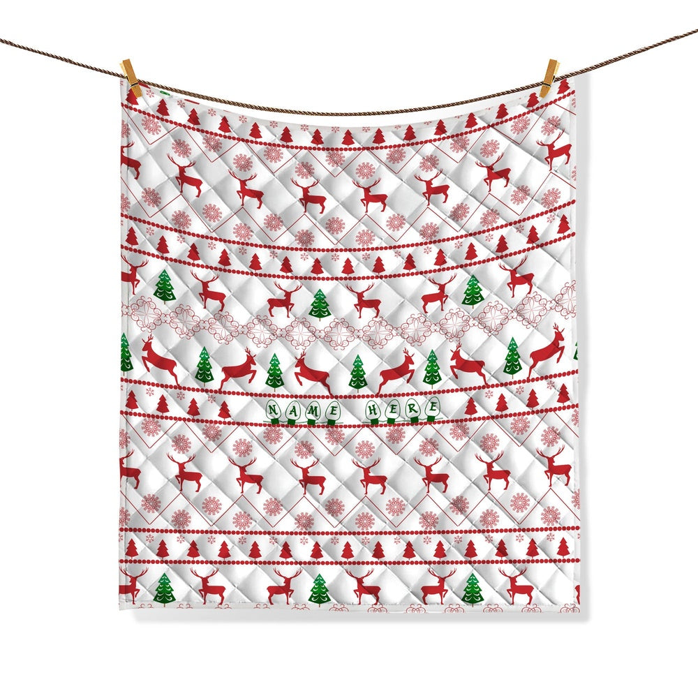 Personalized Christmas Quilt Set, Xmas Reindeer Snowflake Quilt Blanket & Pillowcases