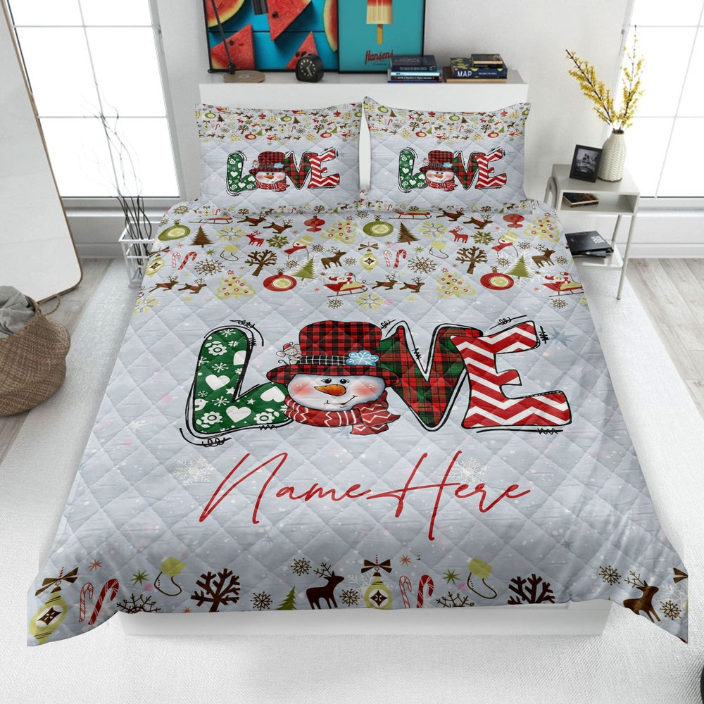 Personalized Christmas Quilt Set, Xmas Snowman Quilt Blanket & Pillowcases, Gift For Grandma, Mom