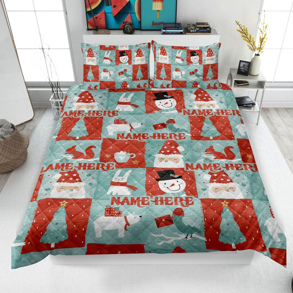 Personalized Christmas Quilt Set, Xmas Snowman Santa Pattern Quilt Blanket & Pillowcases