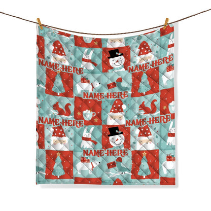 Personalized Christmas Quilt Set, Xmas Snowman Santa Pattern Quilt Blanket & Pillowcases