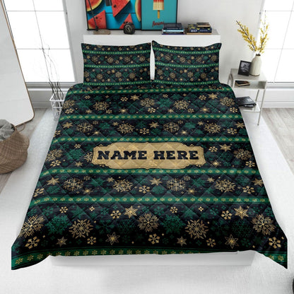 Personalized Christmas Quilt Set, Xmas Winter Snowflake Pattern Quilt Blanket & Pillowcases