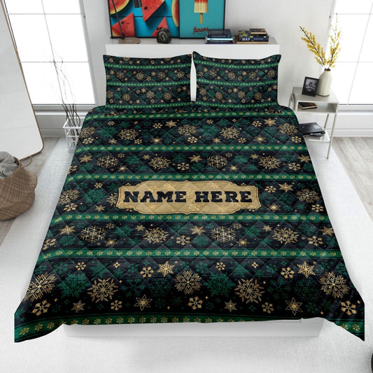 Personalized Christmas Quilt Set, Xmas Winter Snowflake Pattern Quilt Blanket & Pillowcases