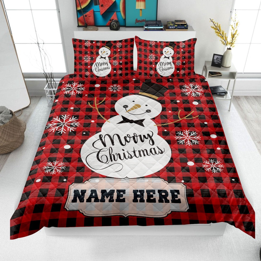 Personalized Christmas Quilt Set, Xmas Winter Snowman Quilt Blanket & Pillowcases