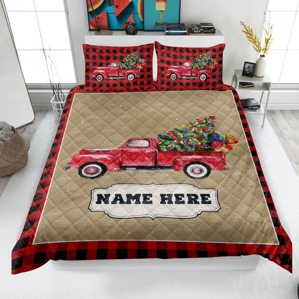 Personalized Christmas Truck Quilt Set, Xmas Red Truck Quilt Blanket & Pillowcases