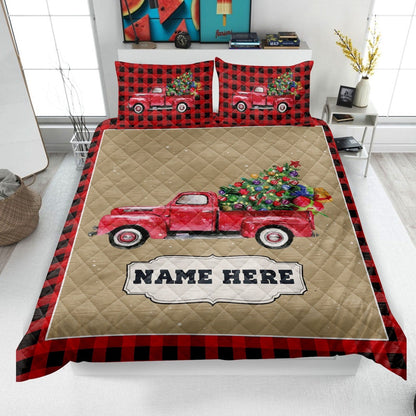 Personalized Christmas Truck Quilt Set, Xmas Red Truck Quilt Blanket & Pillowcases