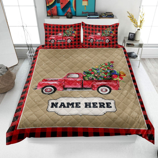 Personalized Christmas Truck Quilt Set, Xmas Red Truck Quilt Blanket & Pillowcases