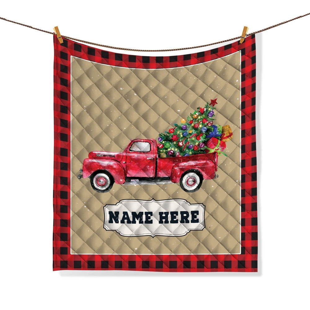 Personalized Christmas Truck Quilt Set, Xmas Red Truck Quilt Blanket & Pillowcases