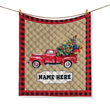 Personalized Christmas Truck Quilt Set, Xmas Red Truck Quilt Blanket & Pillowcases