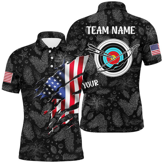 Personalized Christmas USA Flag Archery Men Polo Shirts Custom Merry Christmas Shirts For Archer, Archery Team Shirts, Custom Archery Shirts