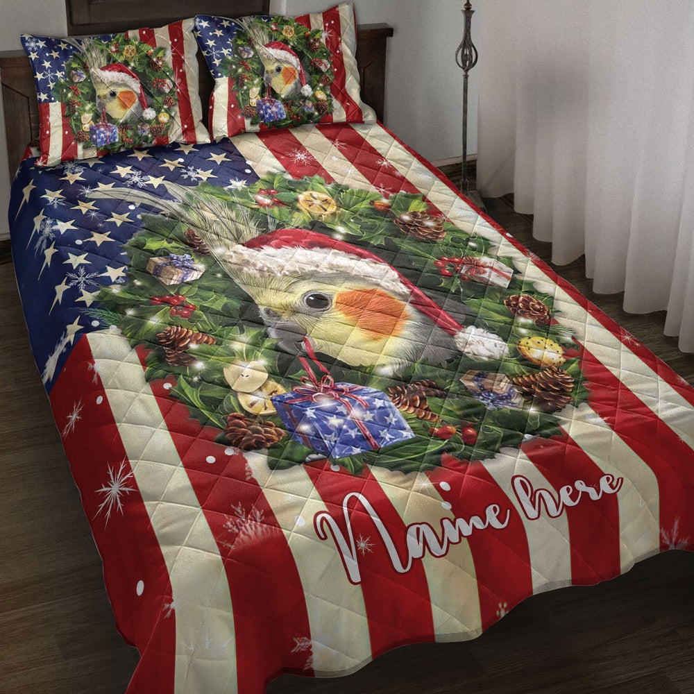 Personalized Cockatiel Quilt Set, Cockatiel Wearingmas Hat Wreath Quilt Blanket