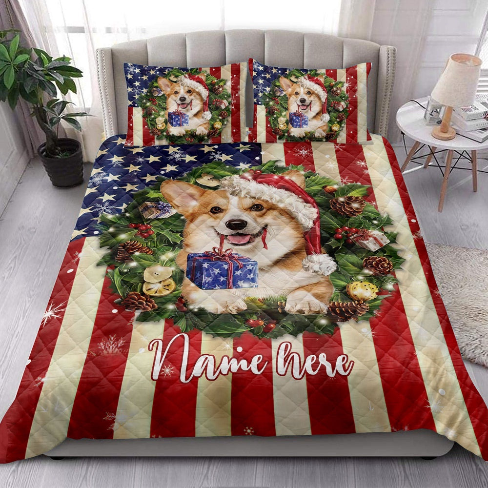 Personalized Corgi Quilt Set, Corgi Wearingmas Hat Wreath Quilt Blanket