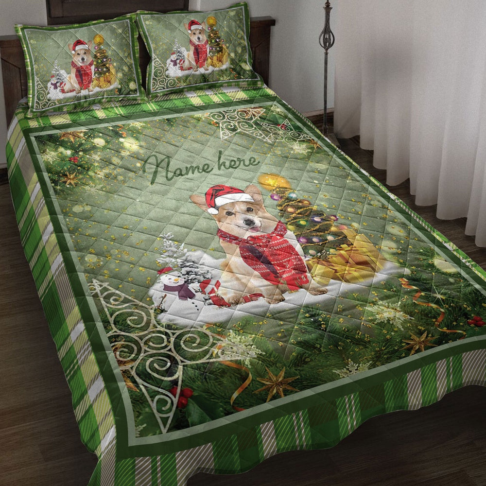 Personalized Corgi Quilt Set, Corgimas Tree String Lights Quilt Blanket