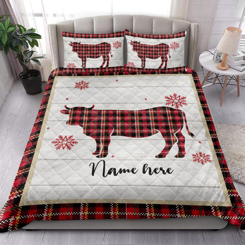 Personalized Cow Quilt Set, Christmas Cow Snowflake Red Plaid Quilt Blanket
