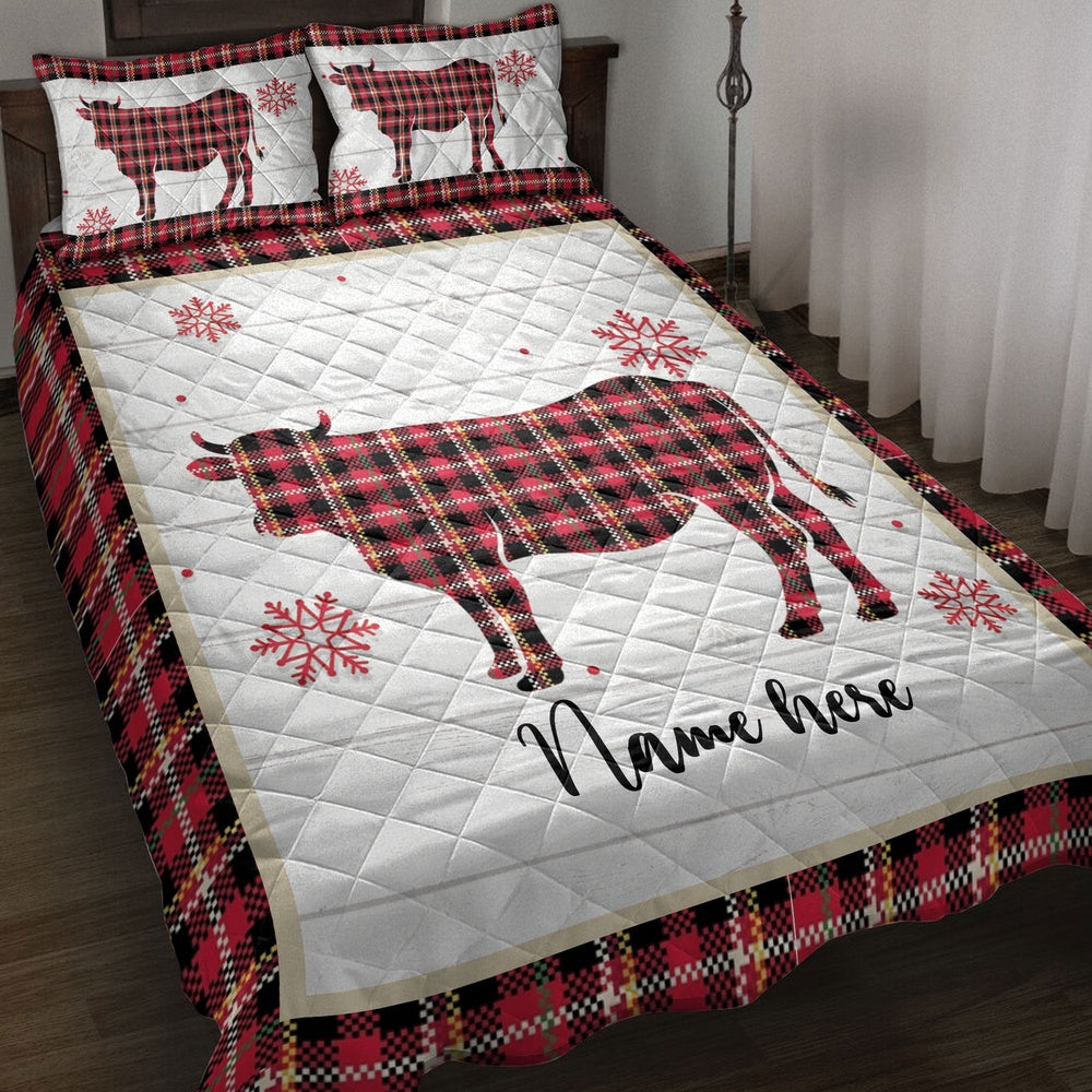 Personalized Cow Quilt Set, Christmas Cow Snowflake Red Plaid Quilt Blanket
