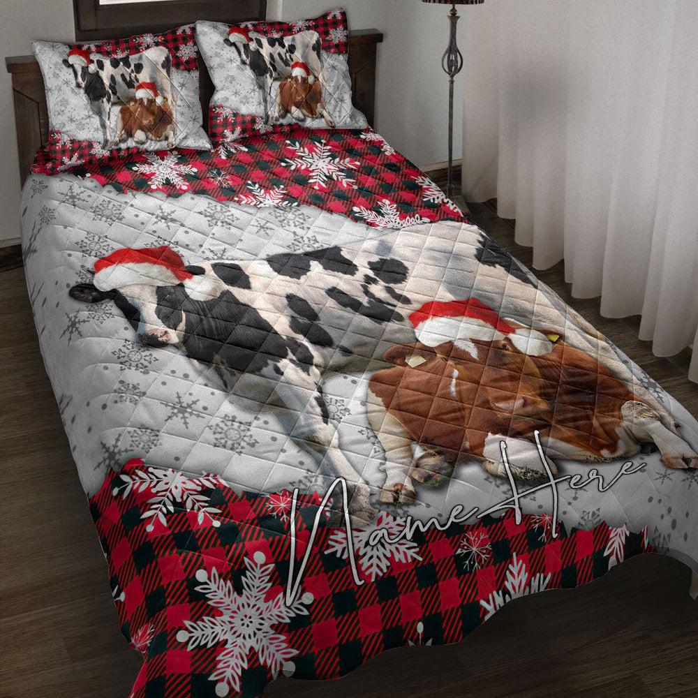 Personalized Cow Quilt Set, Christmas Red Plaid Cow Snowflakes Quilt Blanket