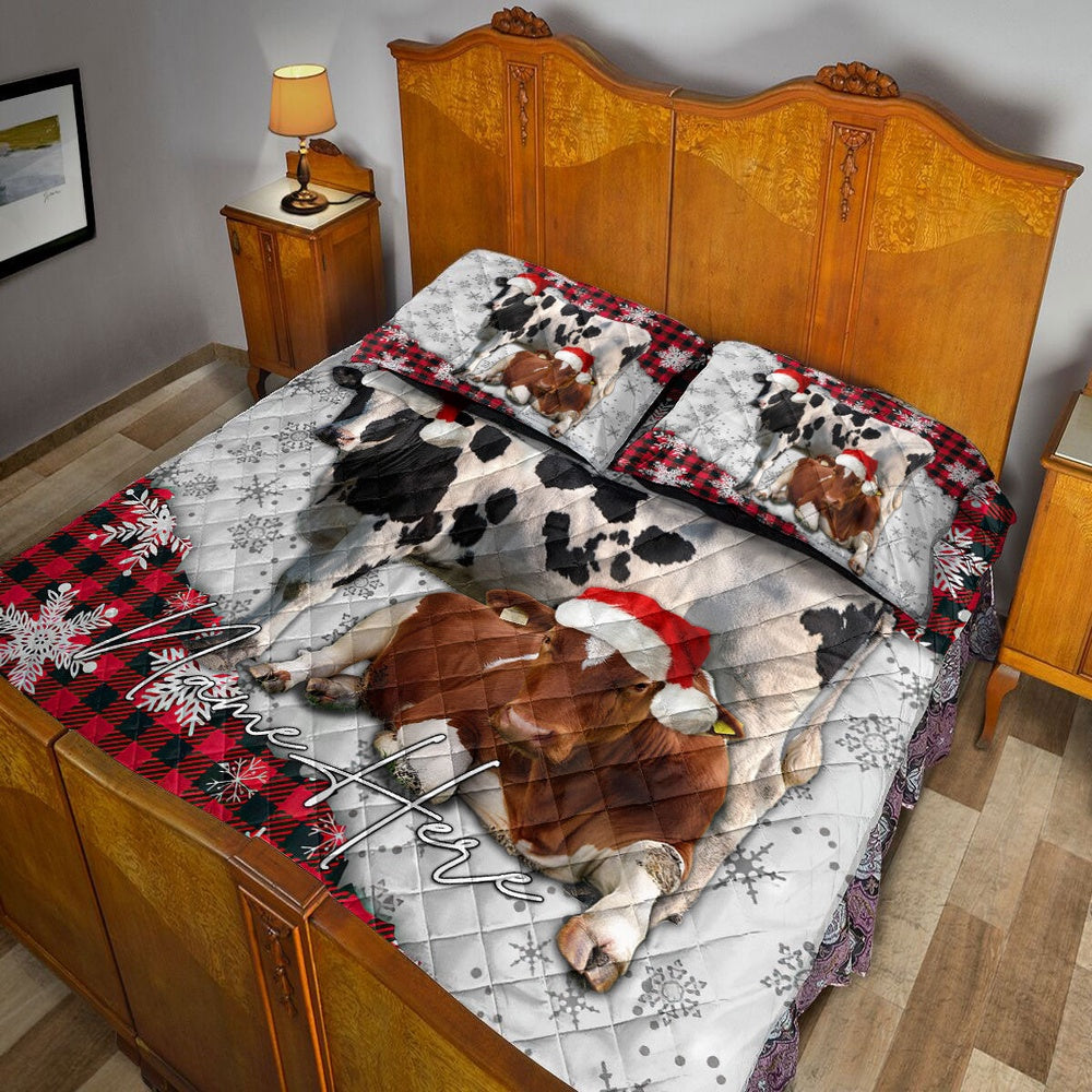 Personalized Cow Quilt Set, Christmas Red Plaid Cow Snowflakes Quilt Blanket