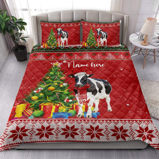 Personalized Cow Quilt Set, Cowmas Tree String Light Quilt Blanket