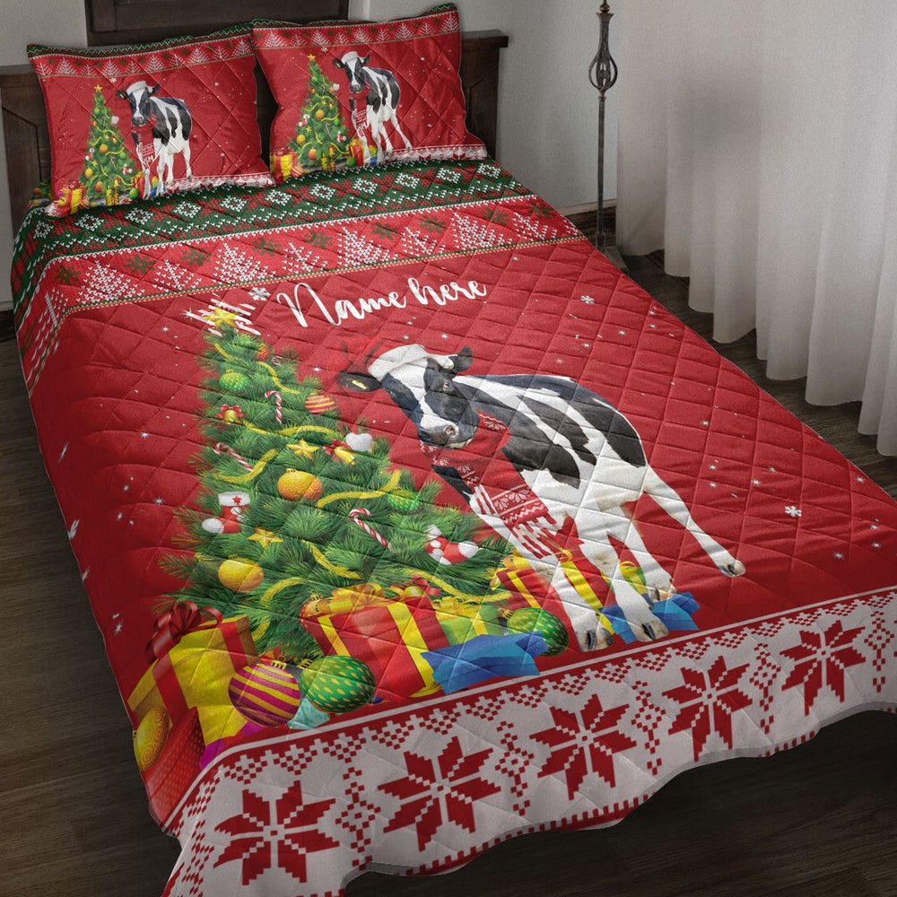 Personalized Cow Quilt Set, Cowmas Tree String Light Quilt Blanket