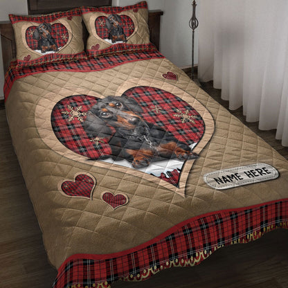 Personalized Dachshund Quilt Set, Dachshundmas Heart Red Plaid Quilt Blanket