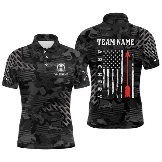 Personalized Dark Camo US Flag Archery Polo Shirts For Men, Custom Red Arrow Archery Team Shirts, Archery Team Shirts, Custom Archery Shirts