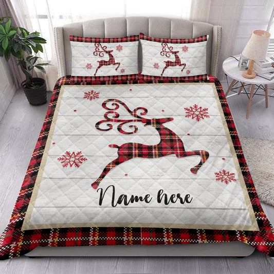 Personalized Deer Quilt Set, Christmas Reindeer Snowflake Red Plaid Quilt Blanket
