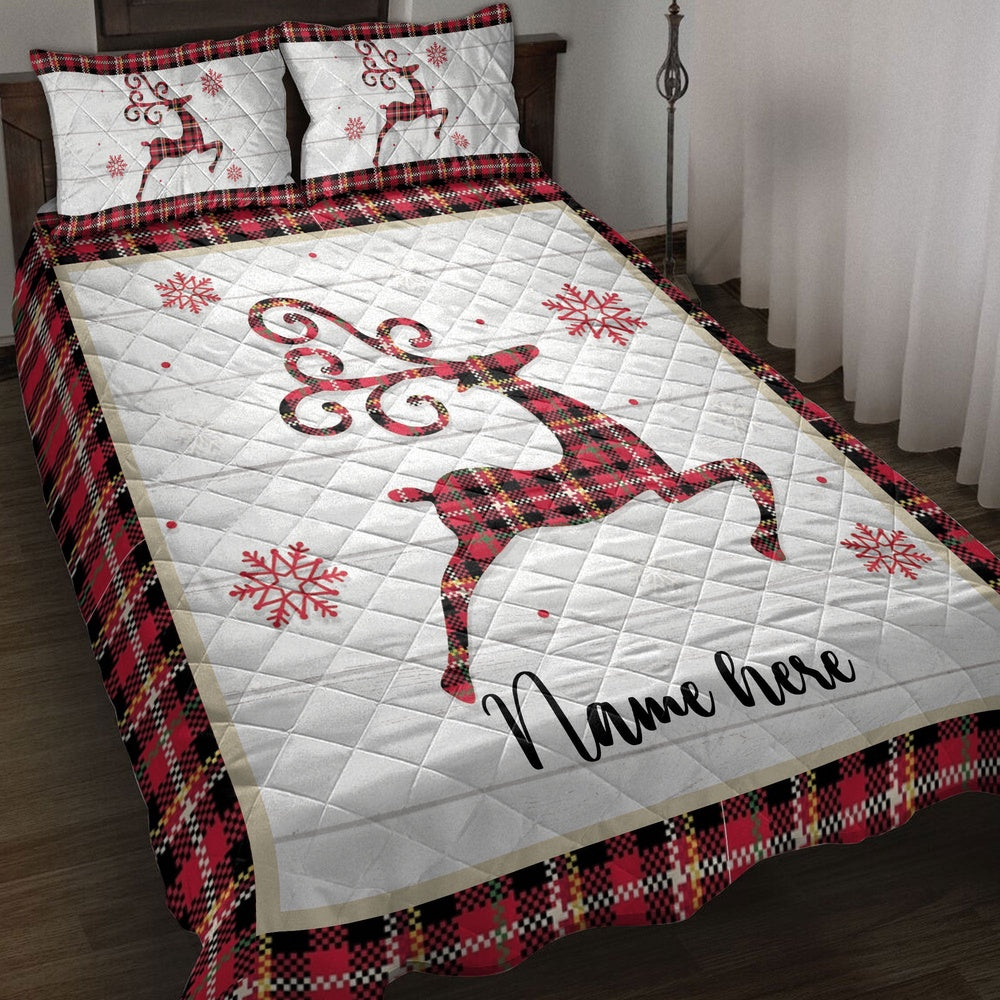 Personalized Deer Quilt Set, Christmas Reindeer Snowflake Red Plaid Quilt Blanket