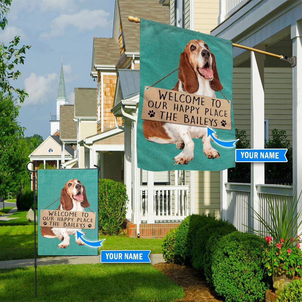 Personalized Dog Flags, Basset Hound-Welcome To Our Happy Place Flag, Dog Flag For House, Garden Flags Dogs, Dog House Flags