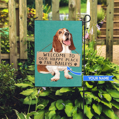 Personalized Dog Flags, Basset Hound-Welcome To Our Happy Place Flag, Dog Flag For House, Garden Flags Dogs, Dog House Flags
