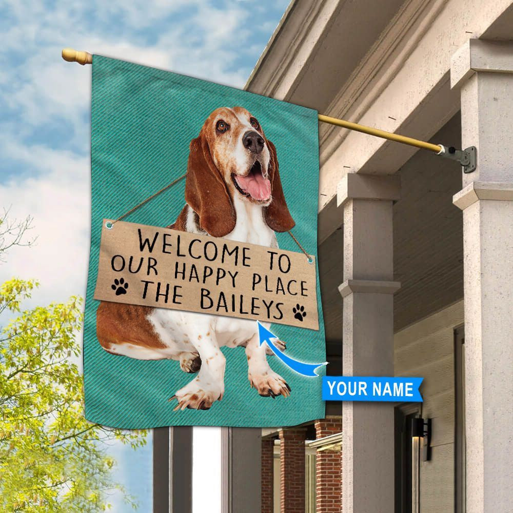 Personalized Dog Flags, Basset Hound-Welcome To Our Happy Place Flag, Dog Flag For House, Garden Flags Dogs, Dog House Flags