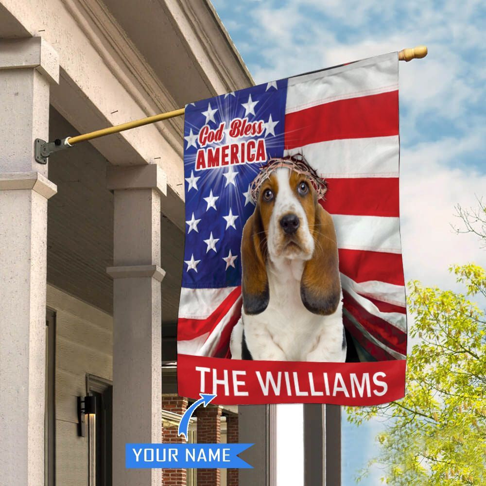 Personalized Dog Flags, Basset Hound God Bless America House Flag, Garden Flags Dogs, Dog House Flags