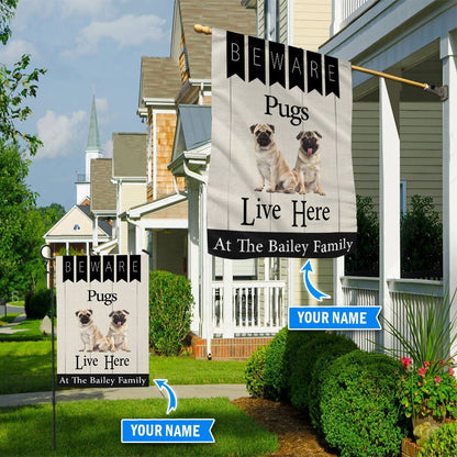 Personalized Dog Flags, Beware Pugs Live Here Flag, Garden Flags Dogs, Dog House Flags