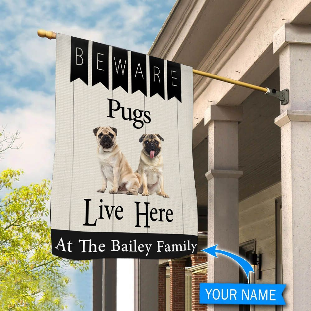 Personalized Dog Flags, Beware Pugs Live Here Flag, Garden Flags Dogs, Dog House Flags