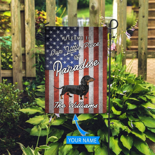 Personalized Dog Flags, Black Dachshund Welcome To Our Paradise Flag, Garden Flags Dogs, Dog House Flags