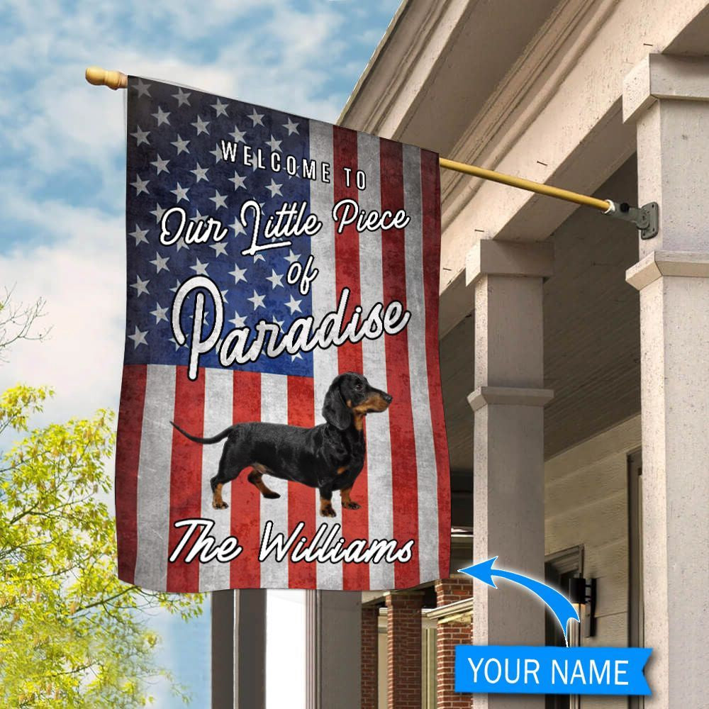 Personalized Dog Flags, Black Dachshund Welcome To Our Paradise Flag, Garden Flags Dogs, Dog House Flags
