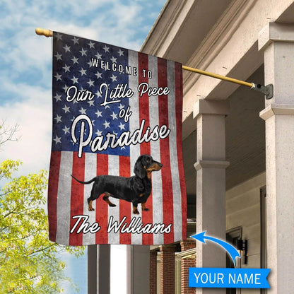Personalized Dog Flags, Black Dachshund Welcome To Our Paradise Flag, Garden Flags Dogs, Dog House Flags