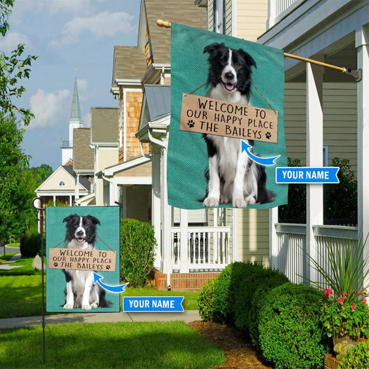 Personalized Dog Flags, Border Collie-Welcome To Our Happy Place Flag, Dog Flag For House, Garden Flags Dogs, Dog House Flags