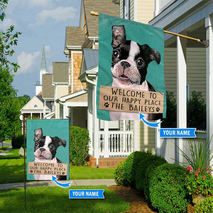Personalized Dog Flags, Boston Terrier-Welcome To Our Happy Place Flag, Dog Flag For House, Garden Flags Dogs, Dog House Flags