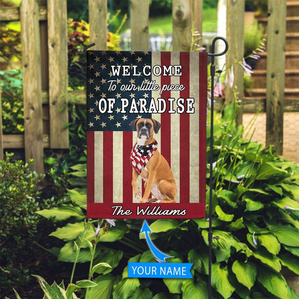 Personalized Dog Flags, Boxer Welcome To Our Paradise Flag, Custom Dog Garden Flags, Garden Flags Dogs, Dog House Flags