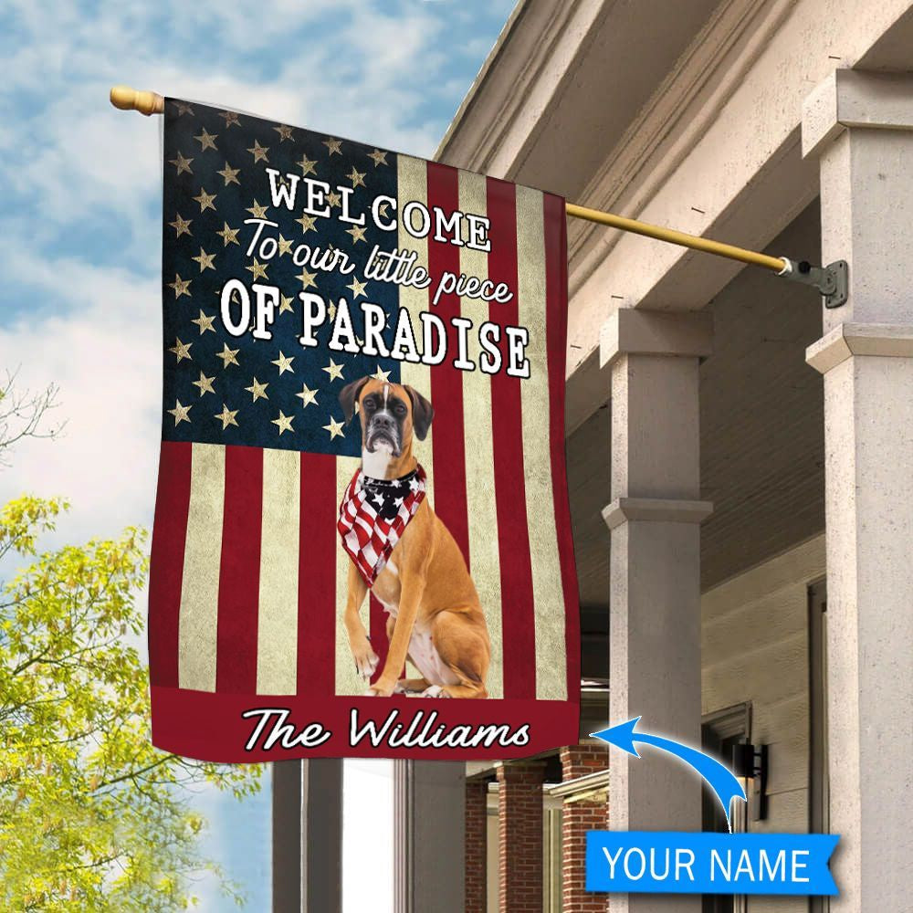 Personalized Dog Flags, Boxer Welcome To Our Paradise Flag, Custom Dog Garden Flags, Garden Flags Dogs, Dog House Flags