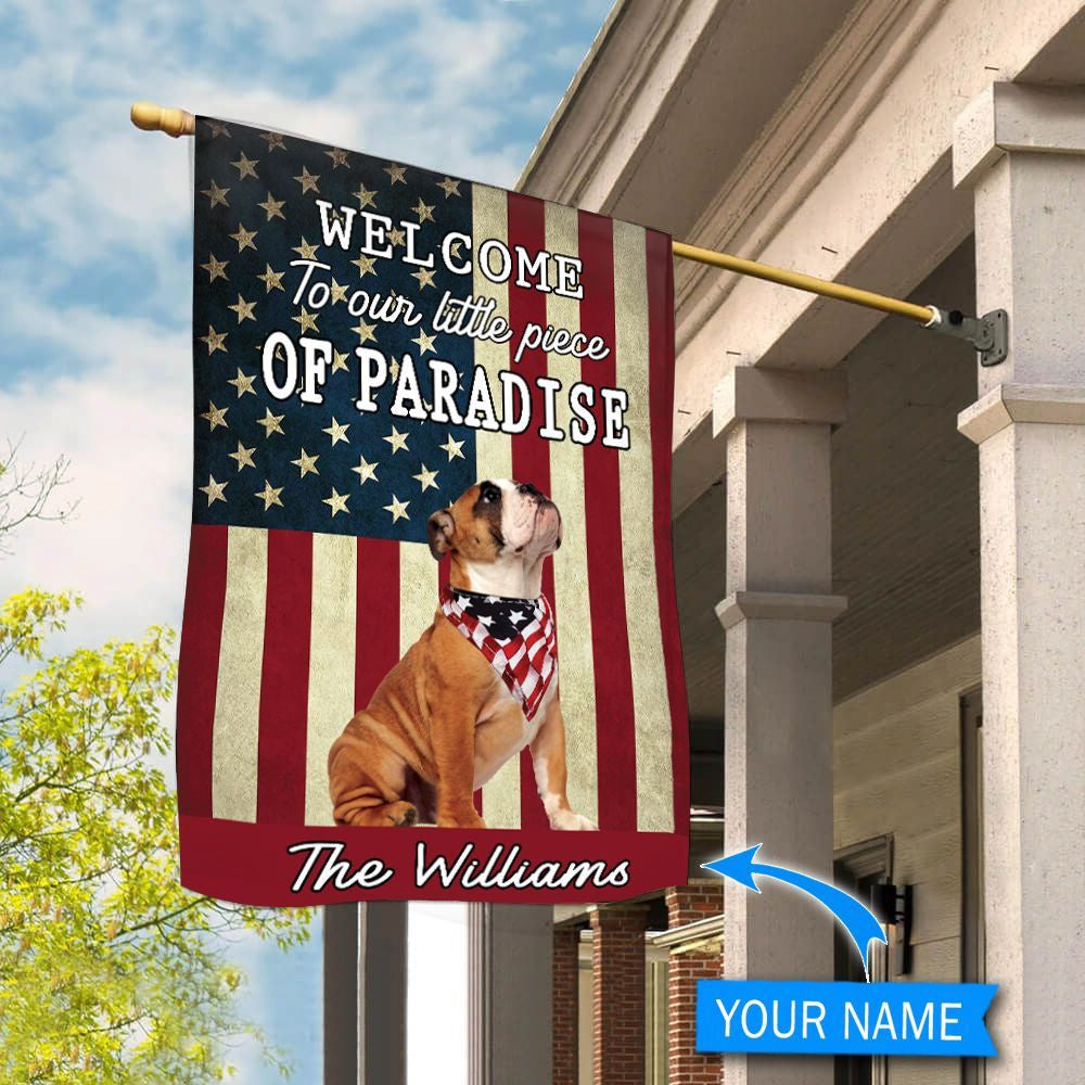 Personalized Dog Flags, Bulldog Welcome To Our Paradise Flag, Custom Dog Garden Flags, Garden Flags Dogs, Dog House Flags