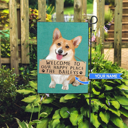 Personalized Dog Flags, Corgi-Welcome To Our Happy Place Flag, Custom Dog Garden Flags, Dog Flags Outdoor, Garden Flags Dogs, Dog House Flags