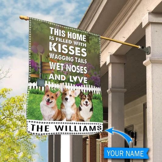 Personalized Dog Flags, Corgi This Home Is Filled With Kisses Flag, Custom Dog Garden Flags, Garden Flags Dogs, Dog House Flags