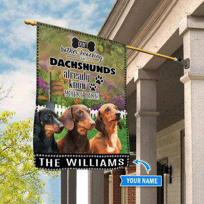 Personalized Dog Flags, Dachshund Don't Bother Knocking Flag, Custom Dog Garden Flags, Garden Flags Dogs, Dog House Flags